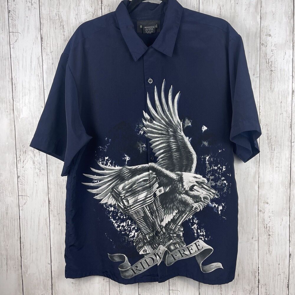 No Boundaries Shirt Men Medium Navy Blue Button Front Camp‎ Eagle Ride Free